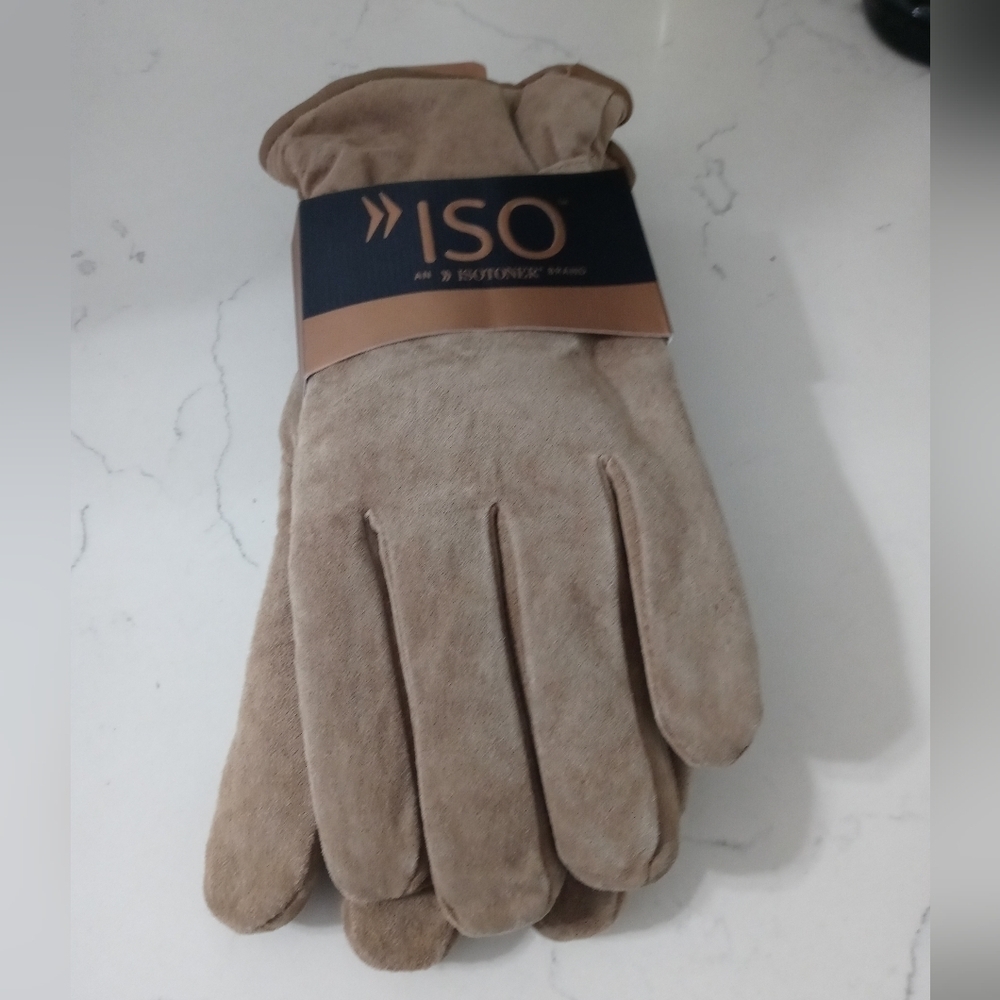 ISOTONER MEN'S Taupe SUEDE GLOVES FAUX FUR LINING ADJUSTABLE WRIST NEW LG